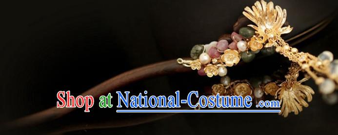 Chinese Cheongsam Jade Ebony Hair Clip Traditional Hanfu Hair Accessories Handmade Golden Plum Tassel Hairpins for Women