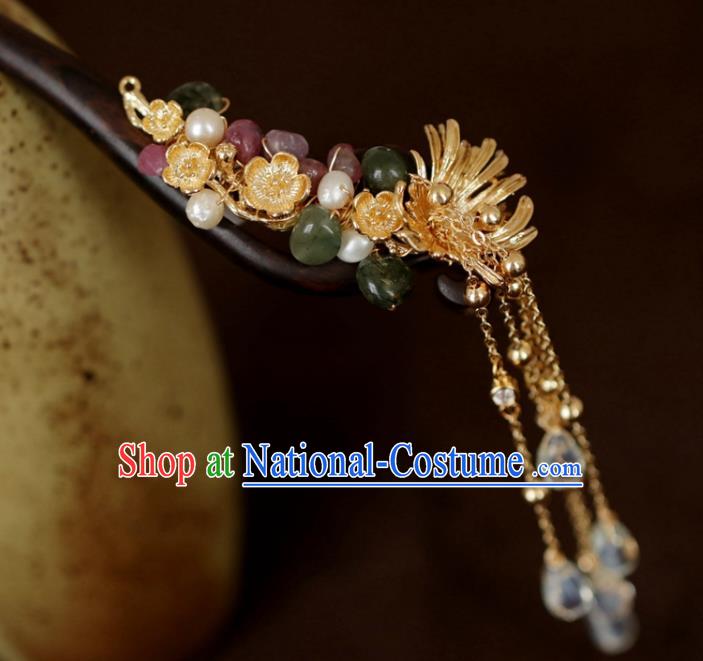 Chinese Cheongsam Jade Ebony Hair Clip Traditional Hanfu Hair Accessories Handmade Golden Plum Tassel Hairpins for Women