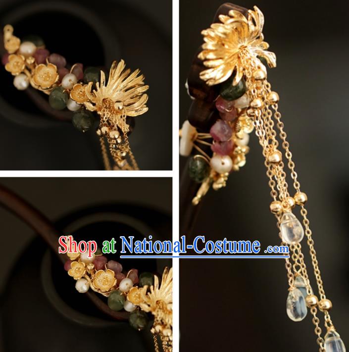 Chinese Cheongsam Jade Ebony Hair Clip Traditional Hanfu Hair Accessories Handmade Golden Plum Tassel Hairpins for Women