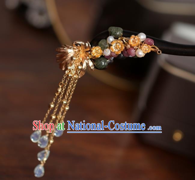 Chinese Cheongsam Jade Ebony Hair Clip Traditional Hanfu Hair Accessories Handmade Golden Plum Tassel Hairpins for Women