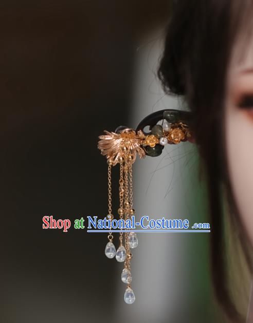 Chinese Cheongsam Jade Ebony Hair Clip Traditional Hanfu Hair Accessories Handmade Golden Plum Tassel Hairpins for Women