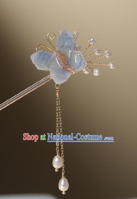 Chinese Cheongsam Light Blue Butterfly Hair Clip Traditional Hanfu Hair Accessories Handmade Pearls Tassel Hairpins for Women