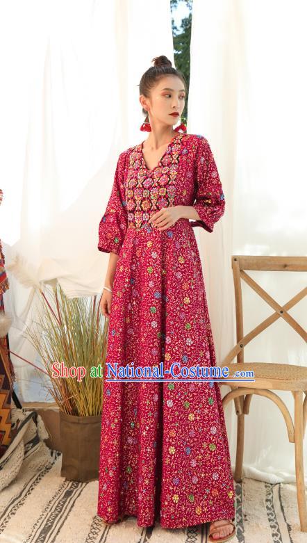 Thailand Traditional Handmade Magenta Dress Photography Asian Thai National Informal Costumes for Women