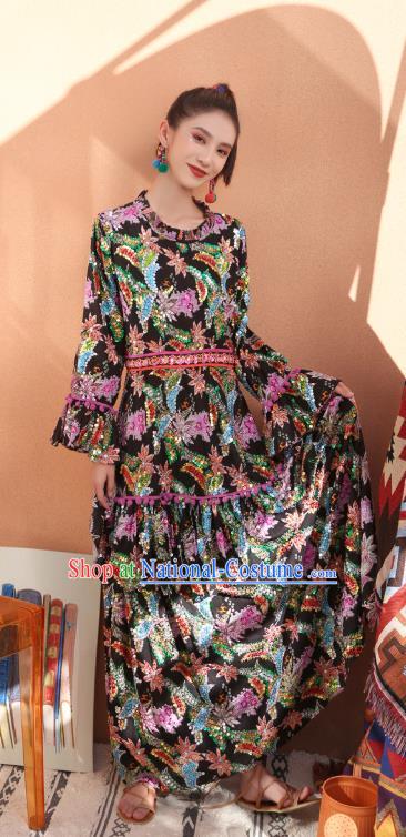 Thailand Traditional Handmade Printing Black Dress Photography Asian Thai National Sequins Informal Costumes for Women