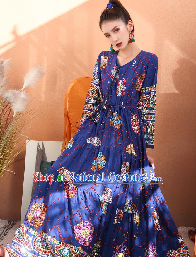 Thailand Traditional Handmade Navy Blue Dress Photography Asian Thai National Embroidered Sequins Informal Costumes for Women