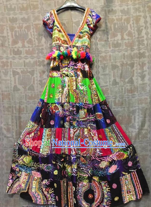 Thailand Traditional Handmade Colorful Sequins Dress Photography Asian Thai National Embroidered Peacock Beach Costumes for Women