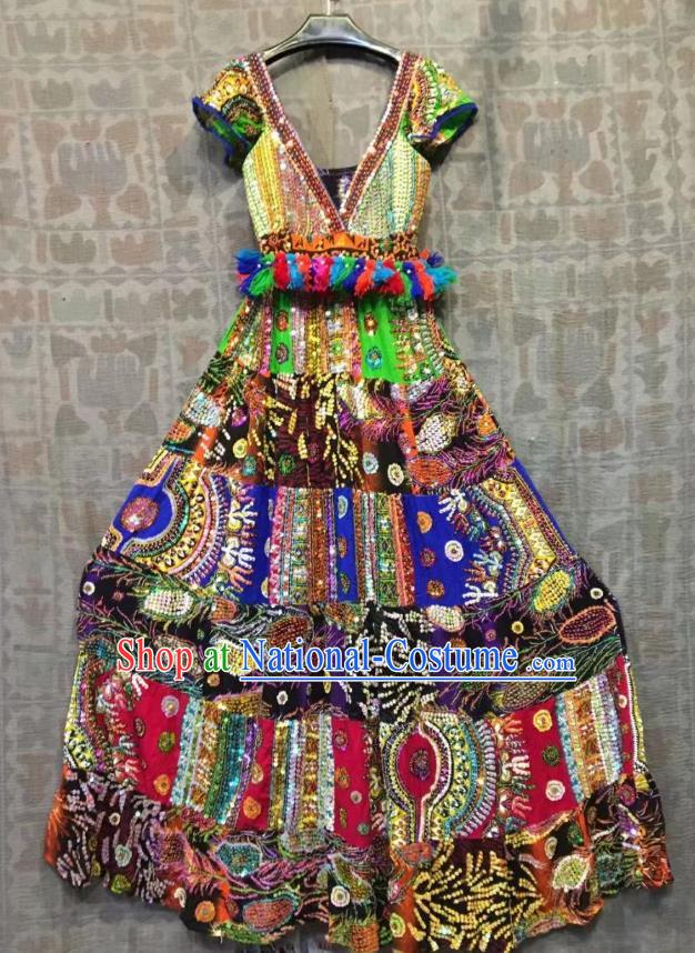 Thailand Traditional Handmade Colorful Sequins Purple Dress Photography Asian Thai National Embroidered Peacock Beach Costumes for Women