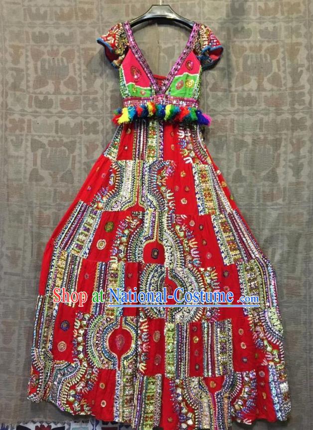 Thailand Traditional Handmade Sequins Red Dress Photography Asian Thai National Embroidered Beach Costumes for Women