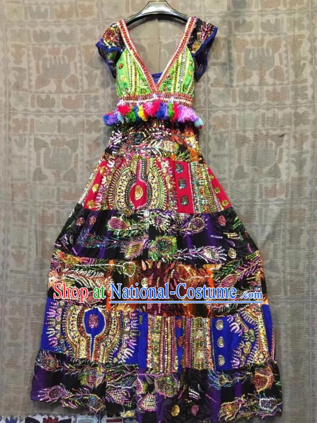 Thailand Traditional Handmade Sequins Deep Purple Dress Photography Asian Thai National Embroidered Beach Costumes for Women