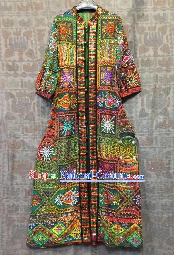 Thailand Traditional Embroidered Green Sequins Dress Photography Asian Thai National Beach Dress Costumes for Women