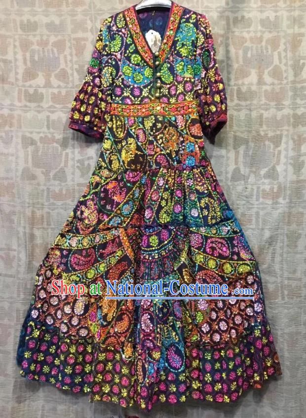 Thailand Traditional Embroidered Beads Navy Dress Photography Asian Thai National Beach Dress Sequins Costumes for Women