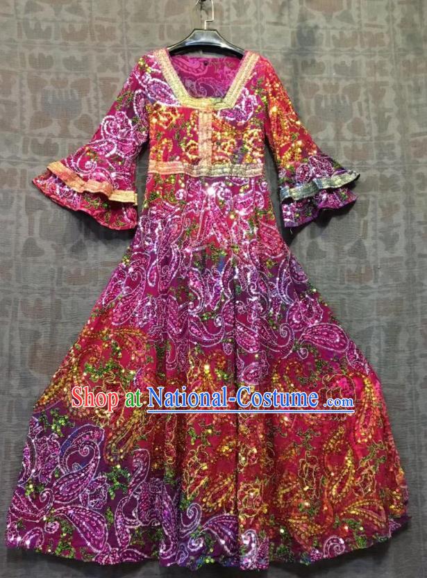 Thailand Traditional Embroidered Beads Amaranth Dress Photography Asian Thai National Beach Dress Sequins Costumes for Women