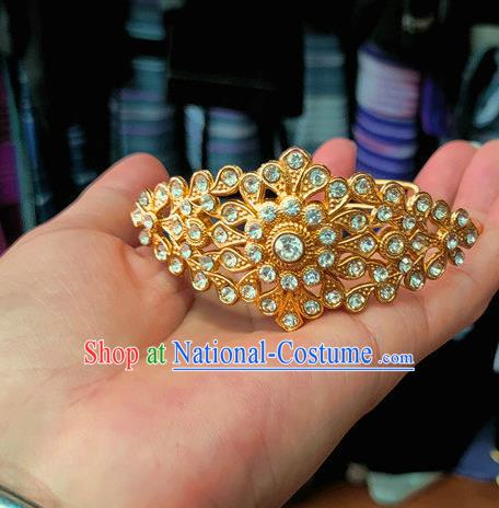 Chinese Dai Nationality Crystal Bracelet Traditional Ethnic Golden Bangle Accessories for Women