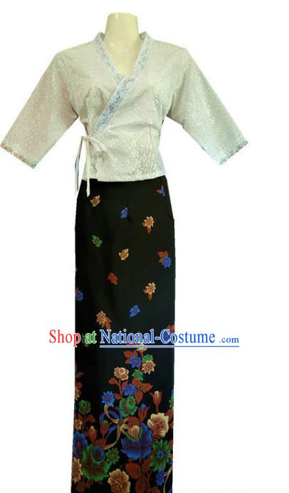 Chinese Dai Nationality Costumes Traditional Dai Ethnic Work White Middle Sleeve Blouse and Printing Black Skirt for Women