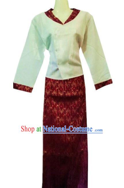 Chinese Dai Nationality Costumes Traditional Dai Ethnic Work White Blouse and Purplish Red Skirt Outfits for Women