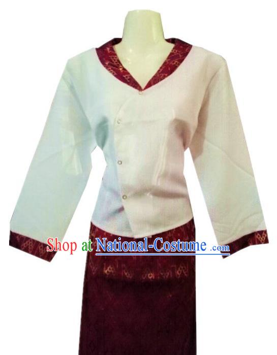 Chinese Dai Nationality Costumes Traditional Dai Ethnic Work White Blouse and Purplish Red Skirt Outfits for Women