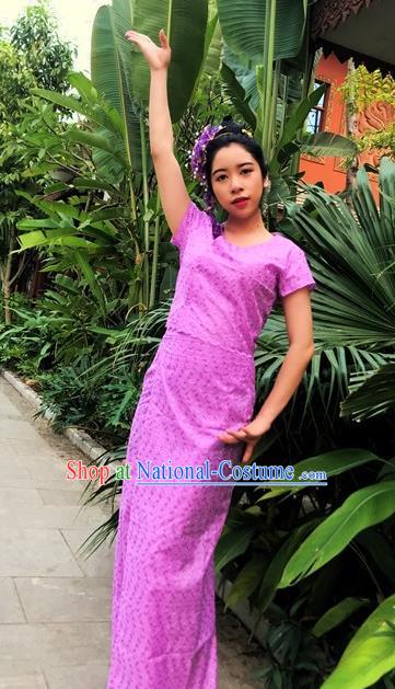 Chinese Dai Nationality Dance Costumes Traditional Dai Ethnic Lilac Blouse and Straight Skirt Full Set for Women