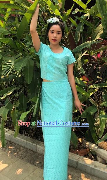 Chinese Dai Nationality Dance Costumes Traditional Dai Ethnic Light Blue Blouse and Straight Skirt Full Set for Women