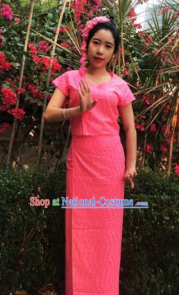 Chinese Dai Nationality Dance Costumes Traditional Dai Ethnic Watermelon Red Blouse and Straight Skirt Full Set for Women