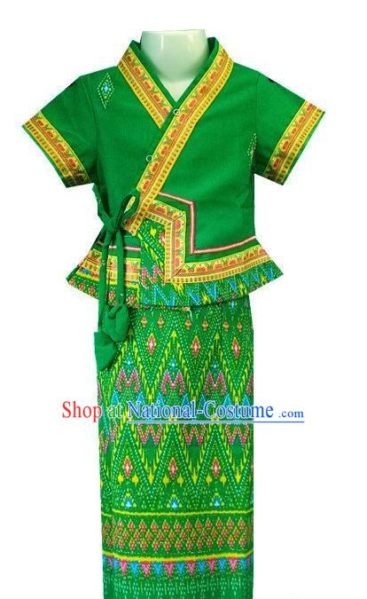 Chinese Dai Nationality Girl Dress Costumes Traditional Dai Ethnic Children Green Blouse and Straight Skirt for Kids