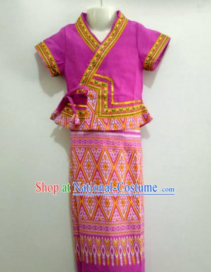 Chinese Dai Nationality Girl Dress Costumes Traditional Dai Ethnic Children Purple Blouse and Straight Skirt for Kids