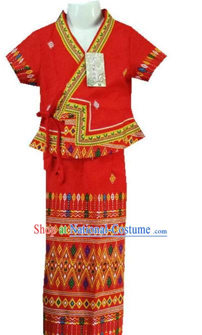 Chinese Dai Nationality Girl Dress Costumes Traditional Dai Ethnic Children Red Blouse and Straight Skirt for Kids