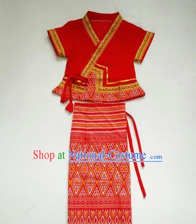 Chinese Traditional Dai Ethnic Children Red Blouse and Straight Skirt Dai Nationality Girl Dress Costumes for Kids