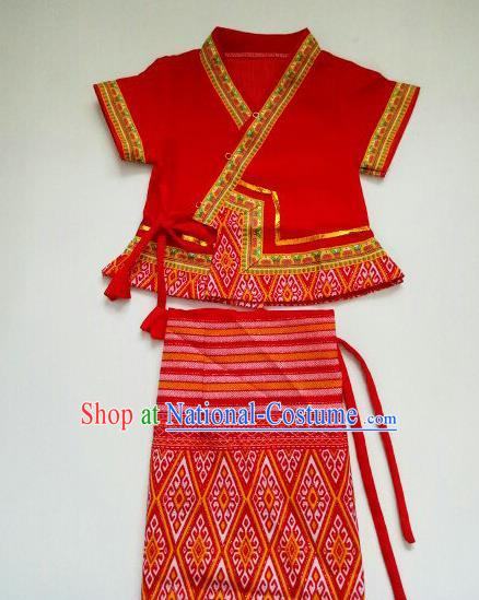 Chinese Traditional Dai Ethnic Children Red Blouse and Straight Skirt Dai Nationality Girl Dress Costumes for Kids