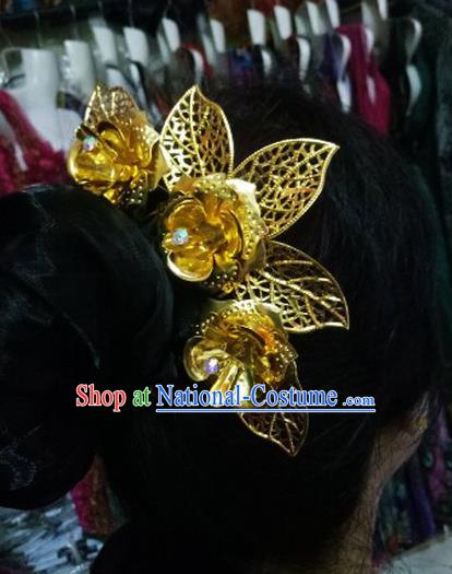 Chinese Dai Nationality Water Sprinkling Festival Hairpin Traditional Ethnic Dance Hair Accessories Handmade Golden Flowers Hair Comb for Women