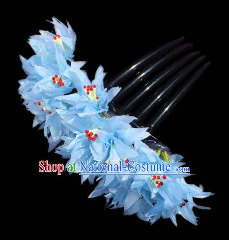 Chinese Dai Nationality Dance Blue Silk Flowers Hairpin Traditional Ethnic Hair Accessories Handmade Hair Comb for Women