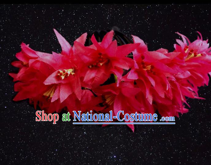 Chinese Dai Nationality Dance Red Silk Flowers Hairpin Traditional Ethnic Hair Accessories Handmade Hair Comb for Women