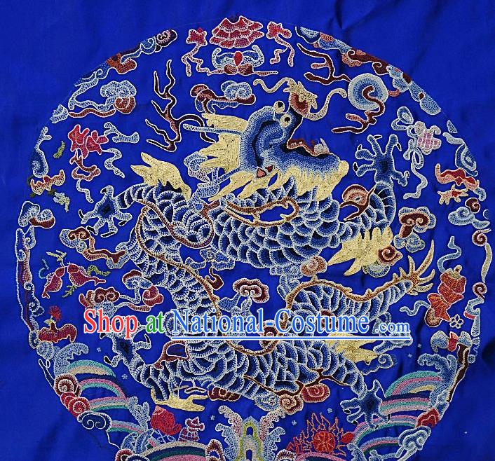 Chinese Traditional Embroidered Dragon Fabric Patches Handmade Embroidery Craft Embroidering Royalblue Silk Decorative Picture