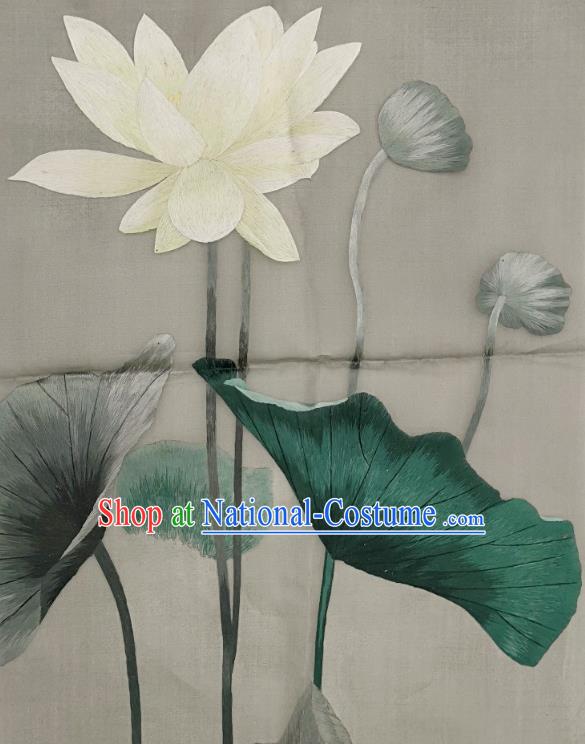 Chinese Traditional Embroidered Lotus Decorative Painting Handmade Embroidery Craft Embroidering Grey Cloth Picture