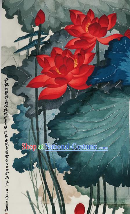 Chinese Traditional Embroidered Red Lotus Decorative Painting Handmade Embroidery Craft Embroidering Cloth Picture