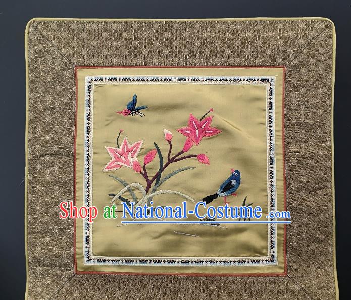 Traditional Chinese Embroidered Orchid Fabric Patches Handmade Embroidery Craft Accessories Embroidering Navy Bird Yellow Silk Cushion Applique