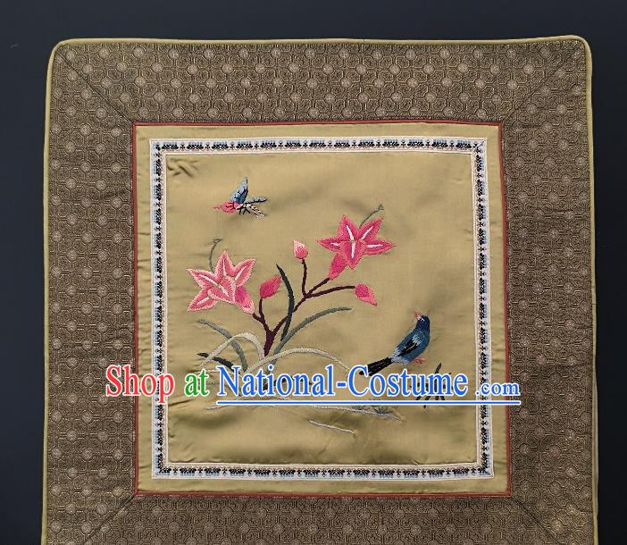 Traditional Chinese Embroidered Pink Orchid Fabric Patches Handmade Embroidery Craft Accessories Embroidering Bird Yellow Silk Cushion Applique