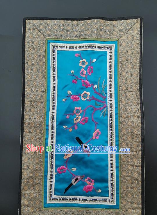 Chinese Traditional Embroidered Plum Birds Picture Handmade Embroidery Craft Embroidering Blue Silk Decorative Painting