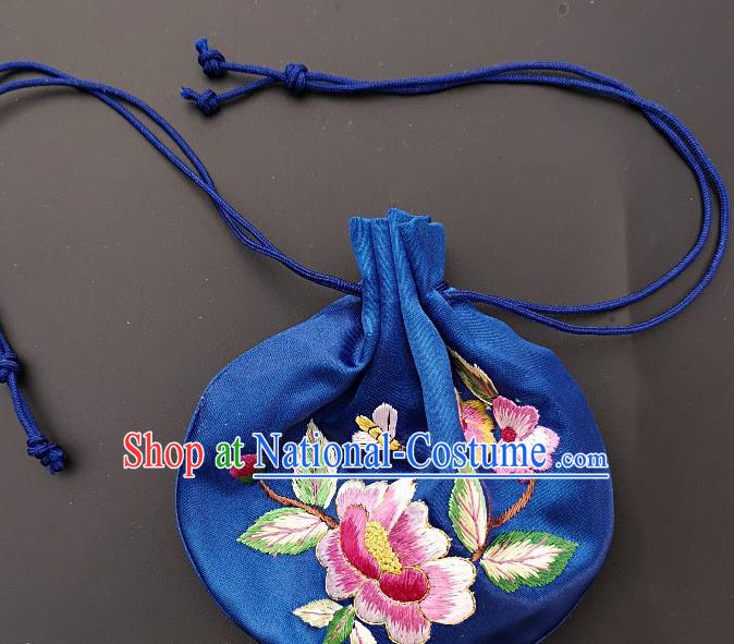 Chinese Traditional Handmade Embroidered Peony Royalblue Silk Sachet Perfumed Silk Bag