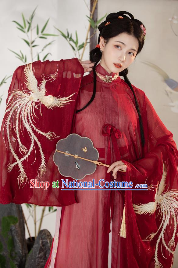 Traditional Chinese Ming Dynasty Patrician Female Costumes Ancient Noble Lady Hanfu Garment Embroidered Red Blouse and Skirt Full Set