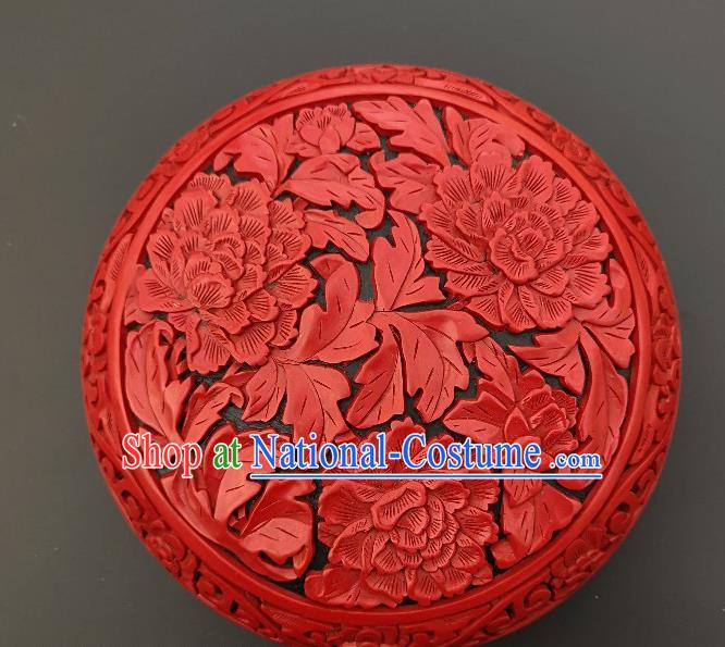 Chinese Handmade Carving Peony Round Lacquer Inkpad Box Traditional Lacquerware Craft Wedding Red Rouge Box