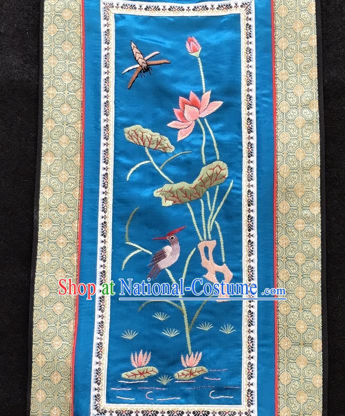 Chinese National Embroidered Lotus Paintings Traditional Handmade Embroidery Decorative Royalblue Silk Picture Craft