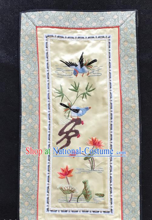 Chinese National Embroidered Lotus Birds Paintings Traditional Handmade Embroidery Decorative Light Yellow Silk Picture Craft