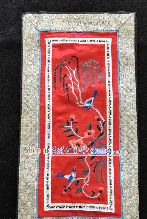 Chinese National Embroidered Willow Bird Paintings Traditional Handmade Embroidery Decorative Red Silk Picture Craft