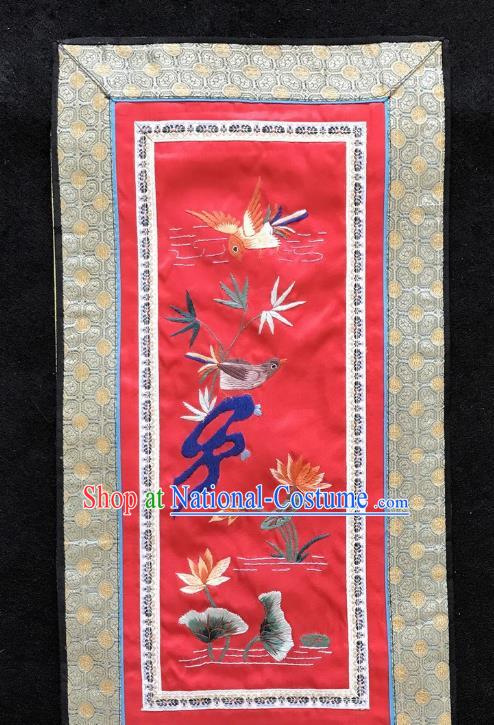 Chinese National Embroidered Lotus Bamboo Paintings Traditional Handmade Embroidery Decorative Red Silk Picture Craft