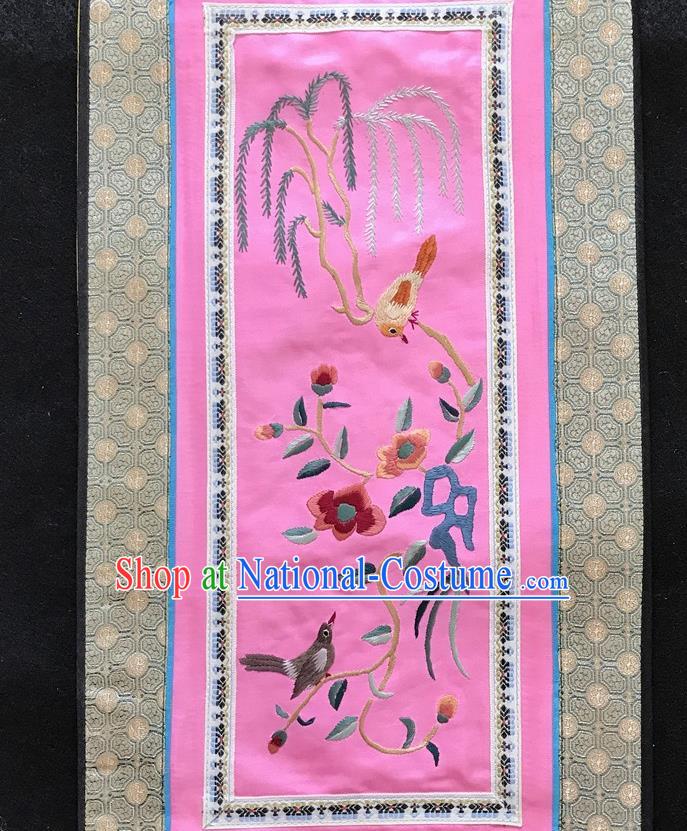 Chinese National Embroidered Willow Birds Paintings Traditional Handmade Embroidery Decorative Pink Silk Picture Craft