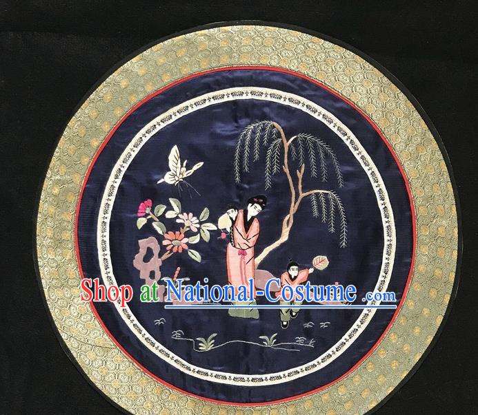 Chinese National Embroidered Round Paintings Traditional Handmade Embroidery Decorative Navy Silk Picture Craft