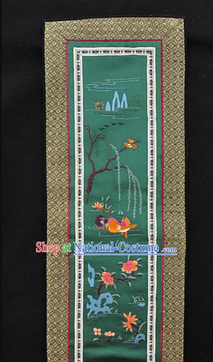 Chinese National Embroidered Orange Mandarin Duck Green Silk Painting Traditional Handmade Embroidery Craft Embroidering Decorative Wall Picture