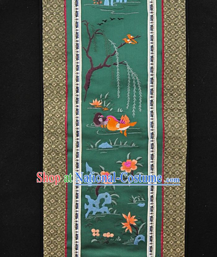 Chinese National Embroidered Orange Mandarin Duck Green Silk Painting Traditional Handmade Embroidery Craft Embroidering Decorative Wall Picture