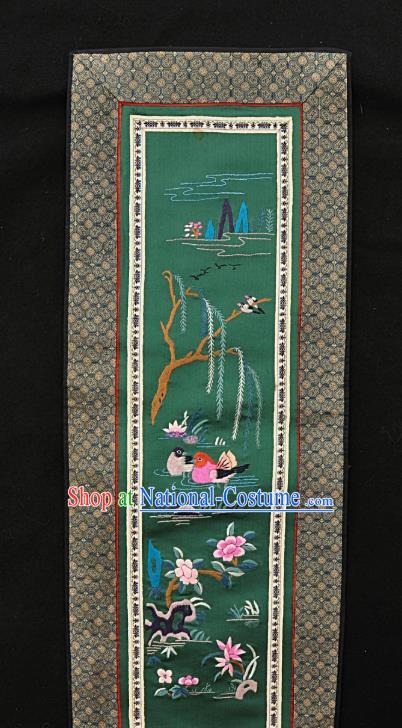 Chinese National Embroidered Pink Mandarin Duck Green Silk Painting Traditional Handmade Embroidery Craft Embroidering Decorative Wall Picture