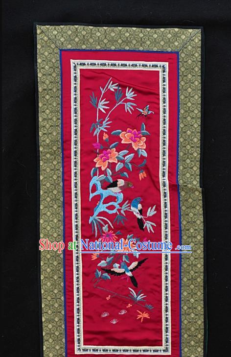 Chinese National Embroidered Flower Bird Wine Red Silk Painting Traditional Handmade Embroidery Craft Embroidering Decorative Wall Picture